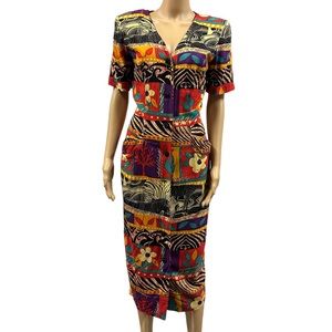 W2 Rayon Vintage Full Button Up Front Imported Safari Print Pockets Womens 6